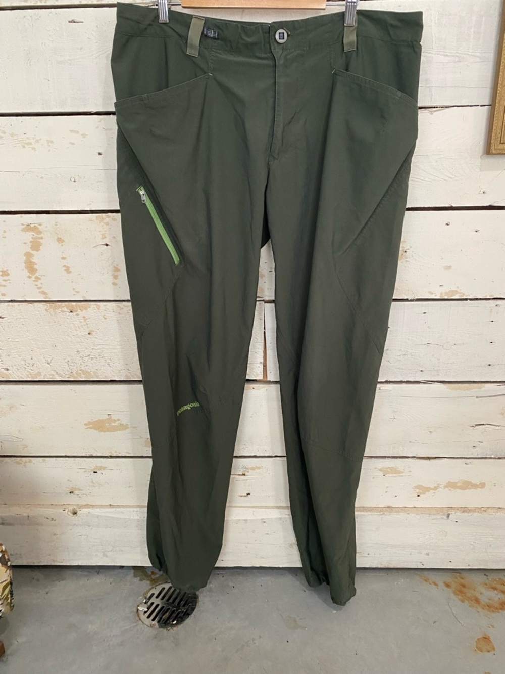 Patagonia Men's Dark Olive Cargo Pants with Lime Zipper Accent